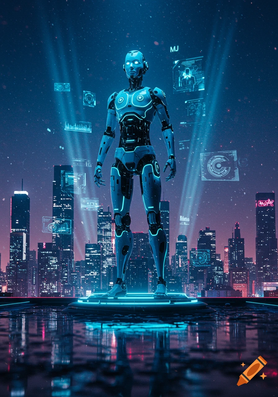 A futuristic robot stands on a glowing platform in a neon-lit cityscape under a starry sky, surrounded by holographic interfaces.