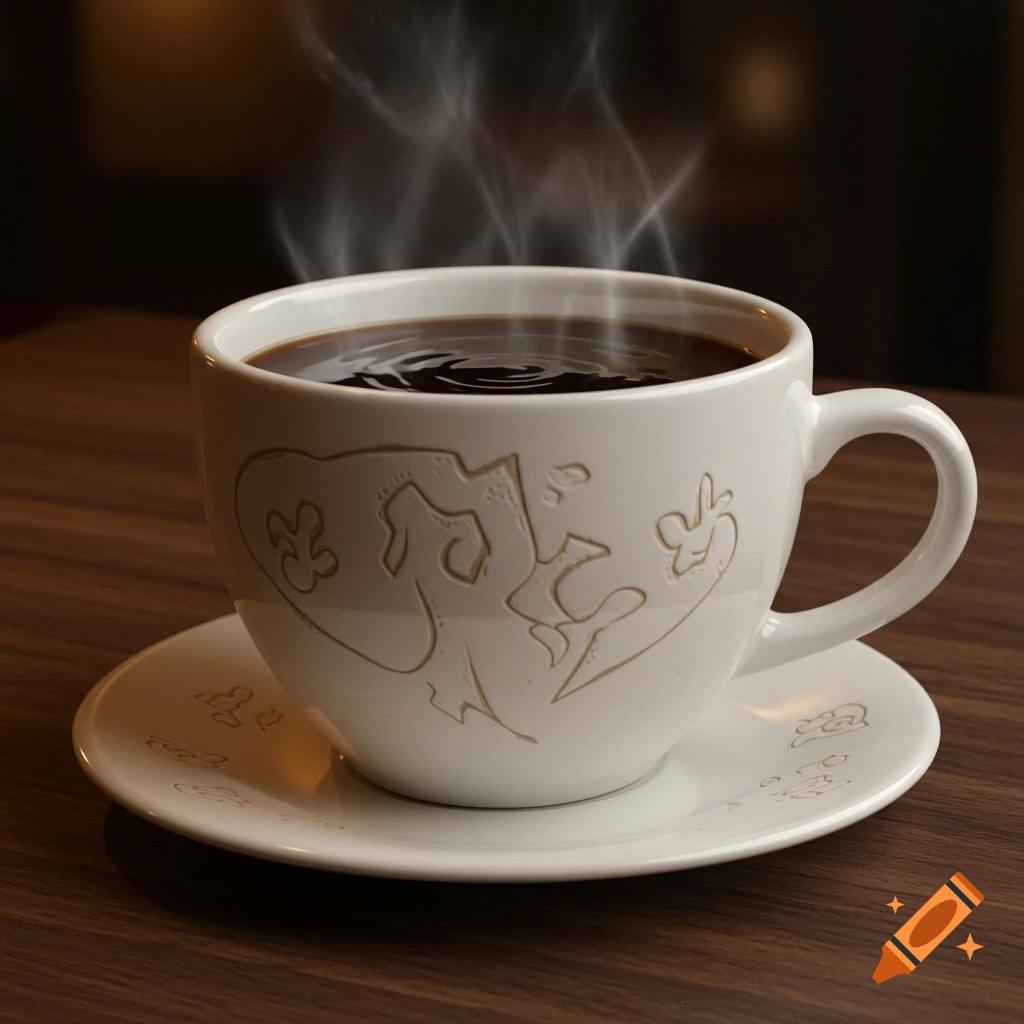 A steaming cup of black coffee with abstract embossed designs on a saucer, on a wooden table.