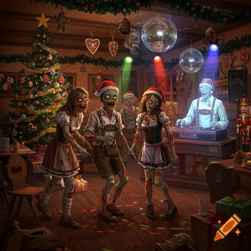 Zombies in Santa hats and traditional German outfits dance at a dark Christmas disco party with festive decor, disco balls, and a zombie DJ.