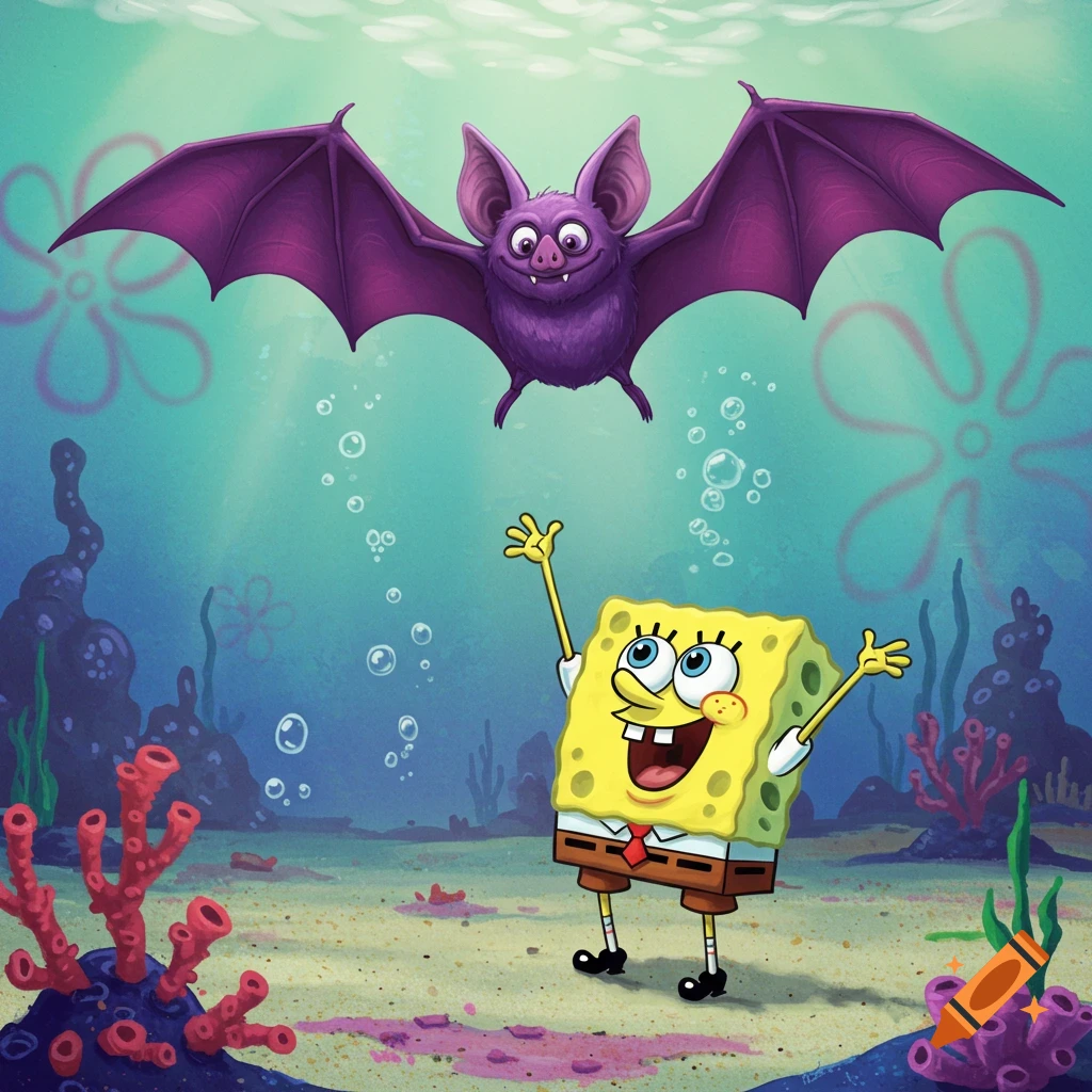 Spongebob SquarePants smiles with arms raised, looking up at a flying purple cartoon bat in an underwater scene with coral.