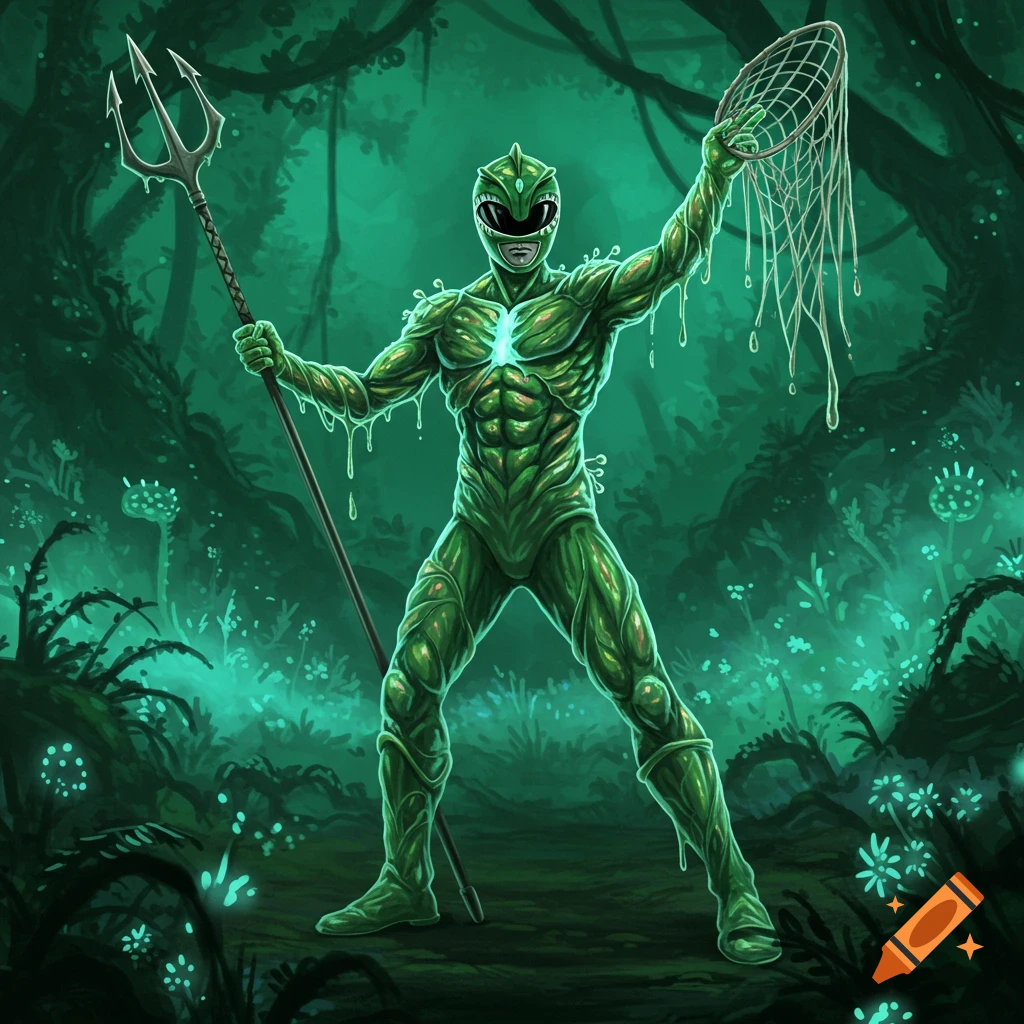 A green, ooze-covered Power Ranger-like creature holding a trident and a net in a bioluminescent jungle.