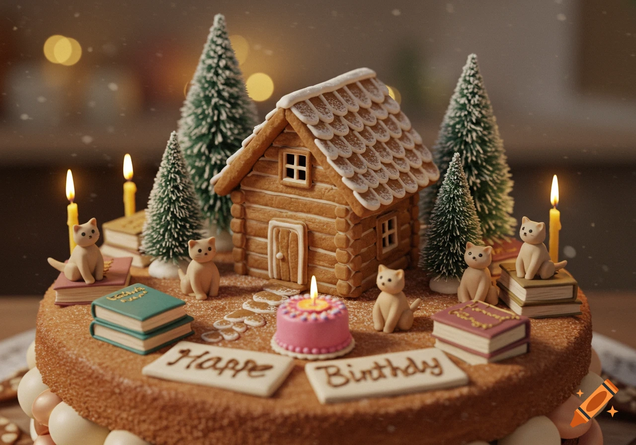 A rustic birthday cake with a gingerbread cabin, miniature cats, books, and lit candles.