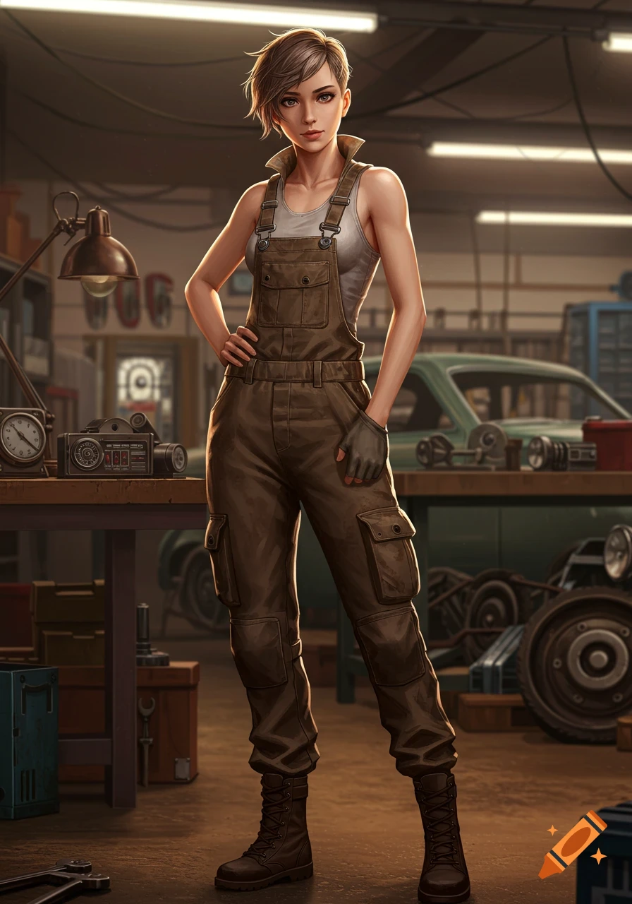 An anime woman with short brown hair in brown mechanic overalls and a white tank top stands in a garage.
