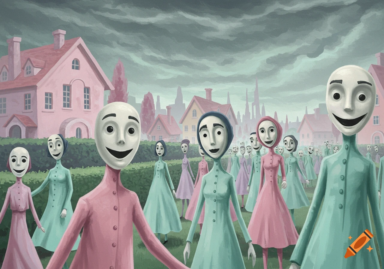 A surreal painting of masked figures in pastel clothes walking through a village with cubic houses under a stormy sky, in a Tim Burton style.