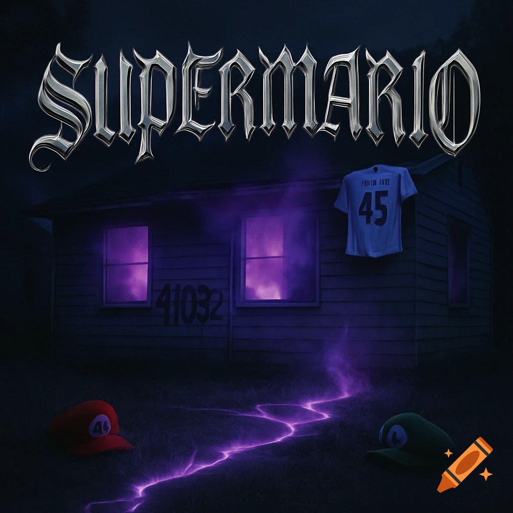A dark, eerie album cover: abandoned house with purple glowing windows, "SUPERMARIO" gothic title, purple lightning cracks, and Mario/Luigi hats.