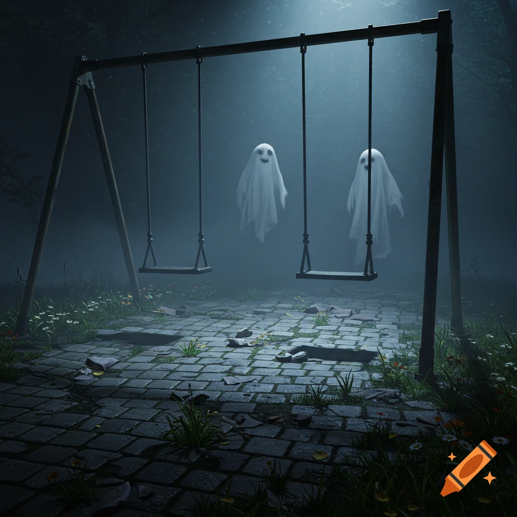 Two friendly white sheet ghosts hover above swings on a derelict playground at night, lit by a pale overhead light in a misty forest.