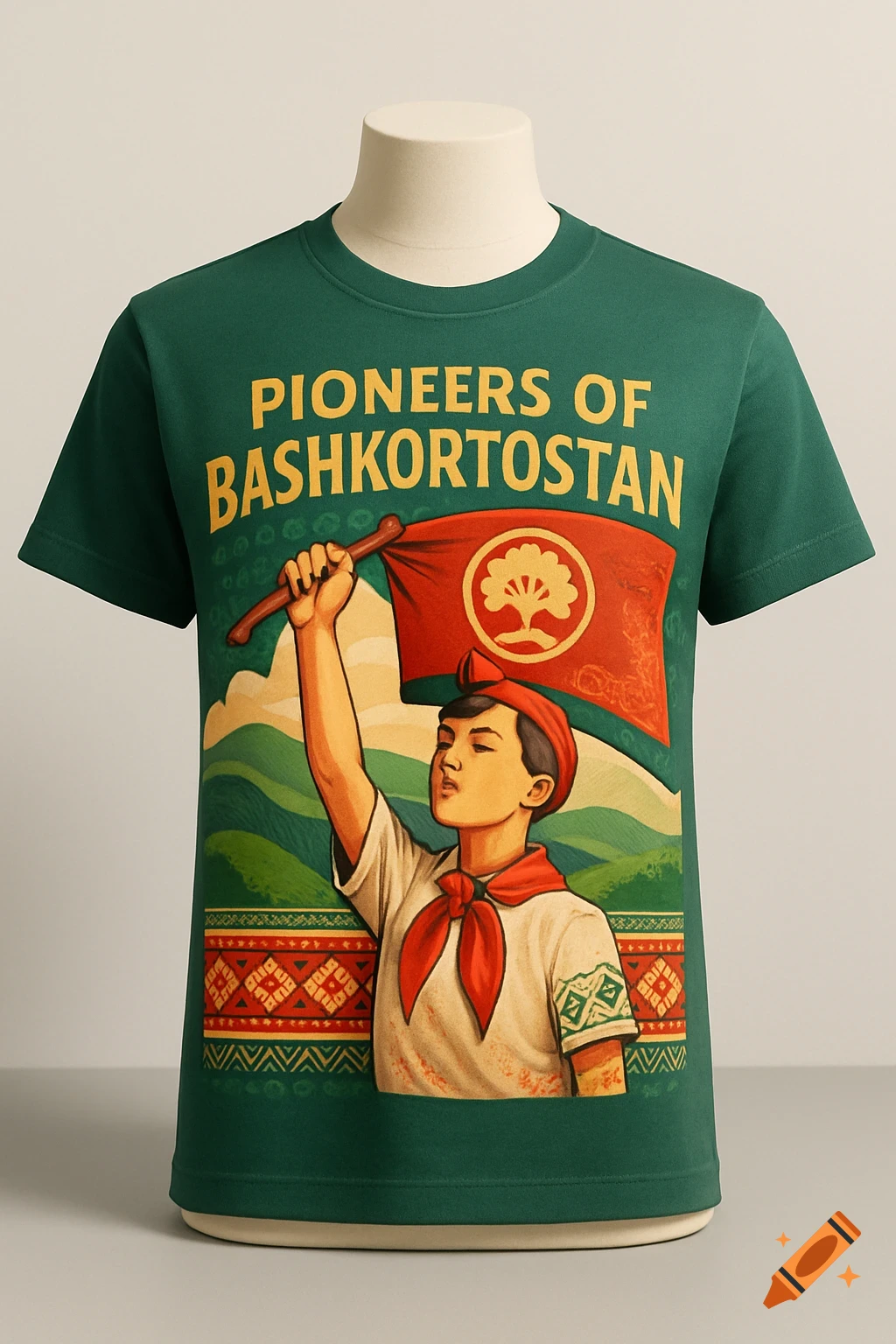 Green t-shirt with a vintage illustration of a boy holding a flag, text 'PIONEERS OF BASHKORTOSTAN'.