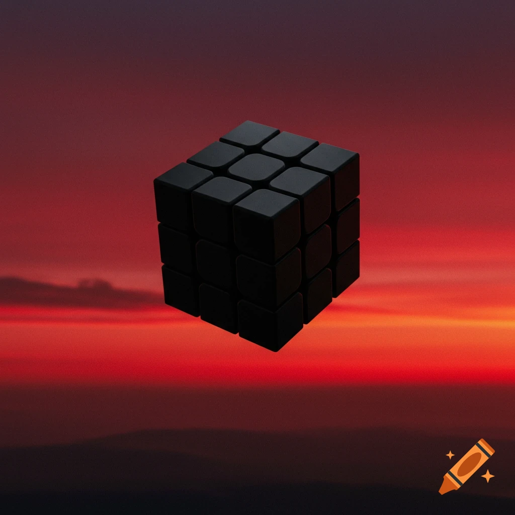A matte black Rubik's cube floats against a vibrant red and dark red sunset sky.