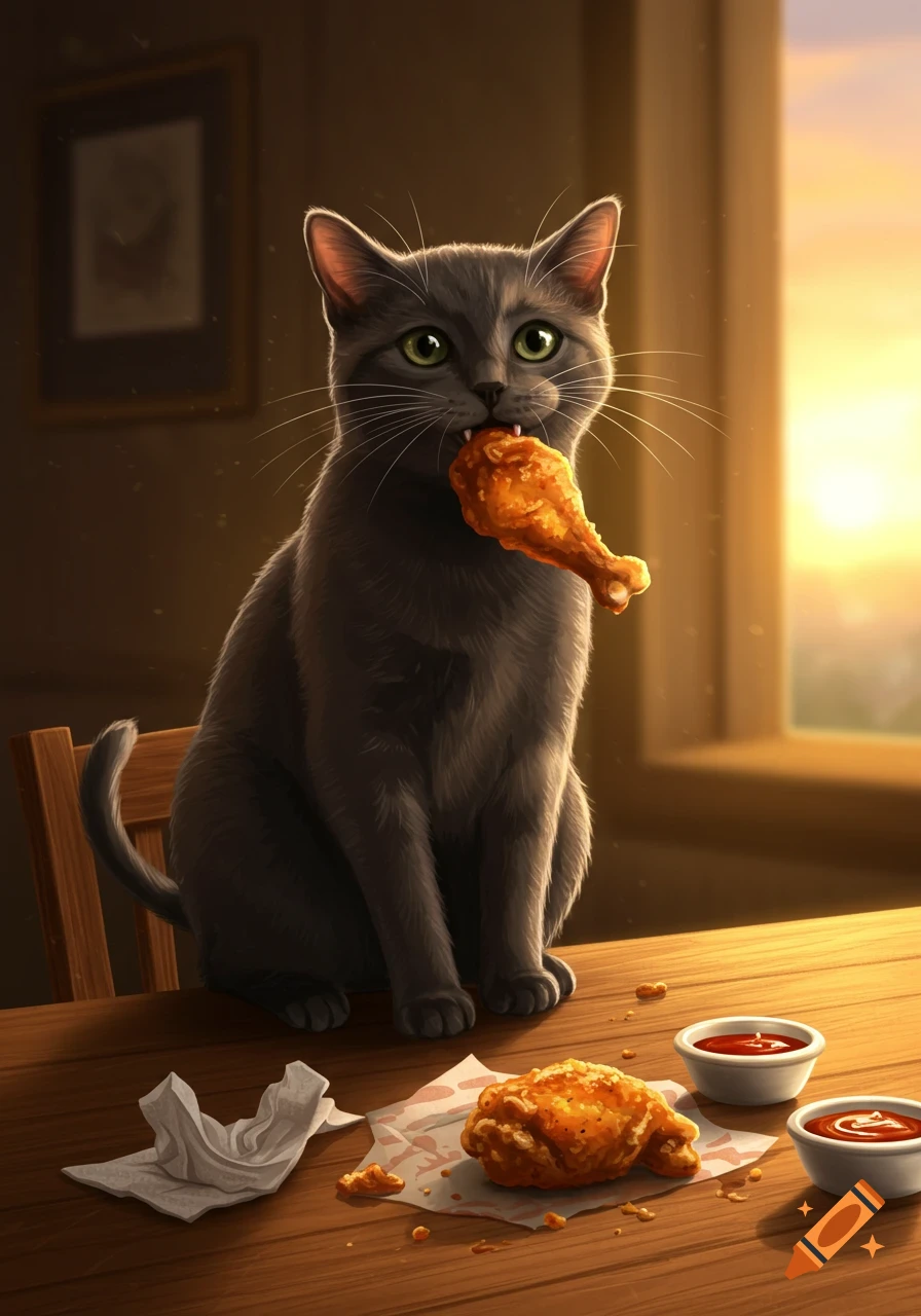 A gray cat sits on a wooden table, eating a fried chicken drumstick with another piece and sauces. A warm sunset glows through the background window, in a photorealistic style.