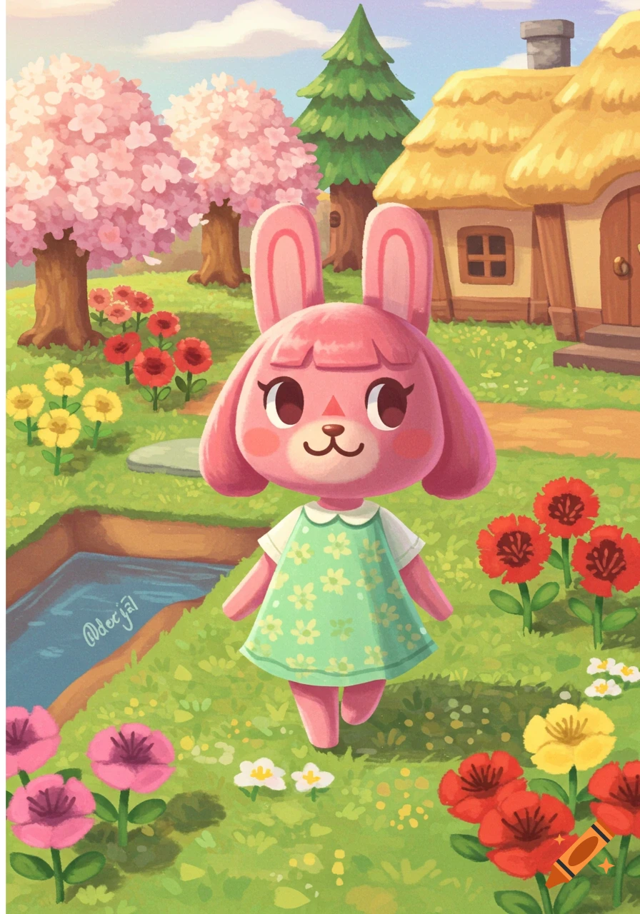 A pink bunny Animal Crossing villager in a green dress stands in a vibrant field with cherry blossom trees and a house.