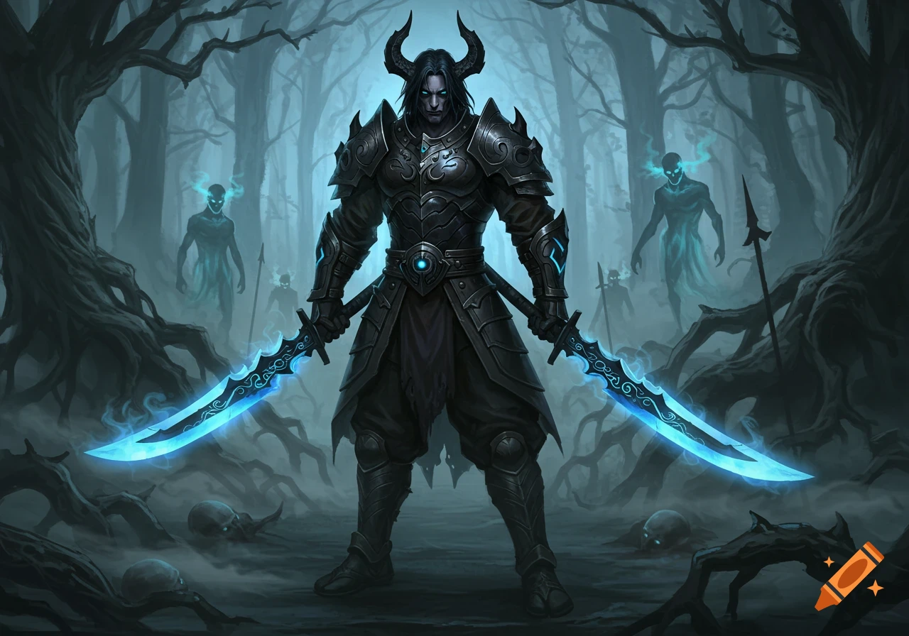 A horned warrior in dark armor wields two glowing blue swords in a misty forest with spectral figures and skulls. Digital fantasy art.