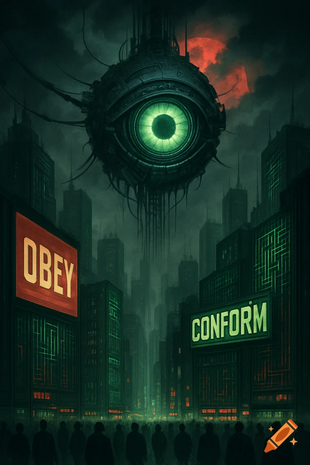 Dystopian cityscape with a giant mechanical eye, propaganda signs 'OBEY' and 'CONFORM', a crowd, and a red moon.