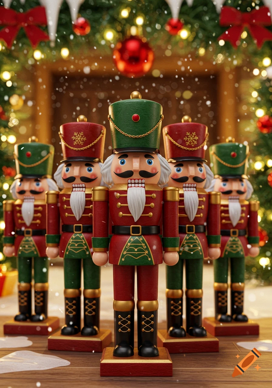 Rows of classic red and green nutcracker dolls with mustaches, set against a blurred, snowy Christmas tree background.