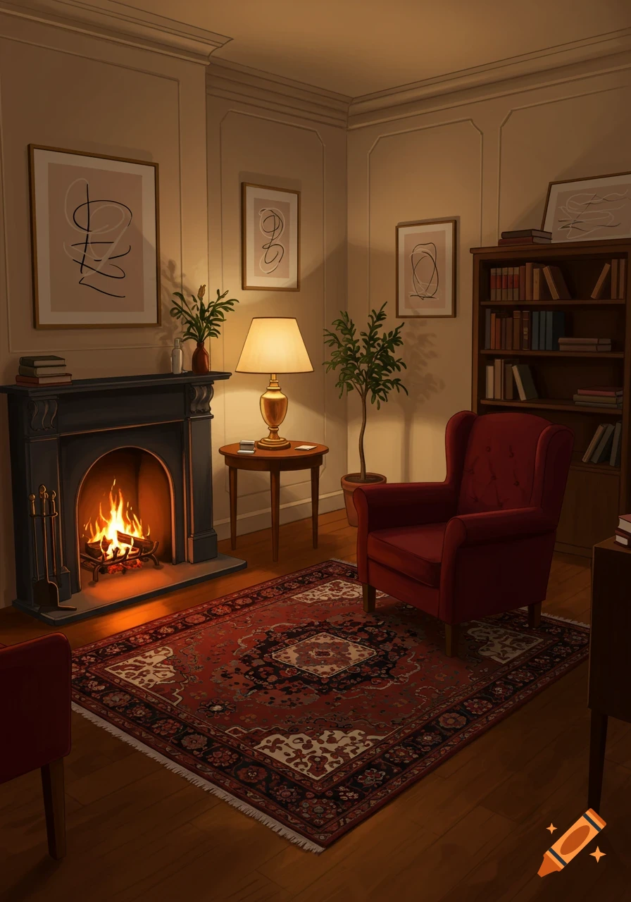 A cozy, warm-lit room with a lit fireplace, a red armchair, a lamp, a bookshelf, and abstract art on the walls.
