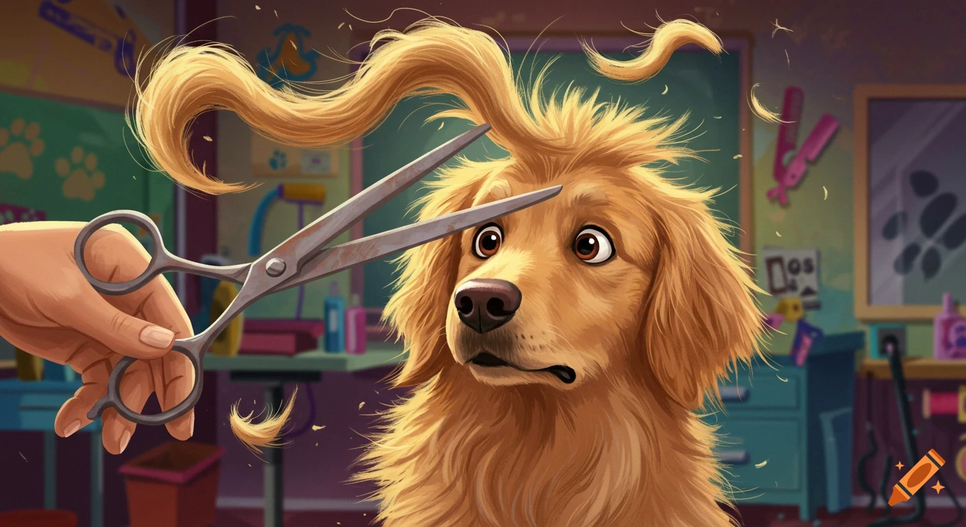 A cartoon golden retriever with a worried expression gets its shaggy fur cut by scissors at a pet grooming salon, with fur flying.