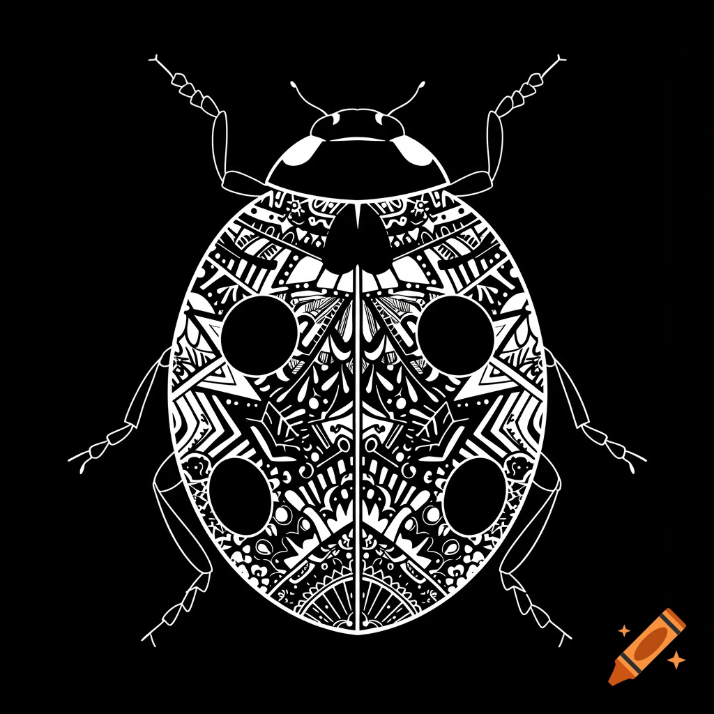 Black and white illustration of a ladybug with intricate white geometric patterns against a black background.