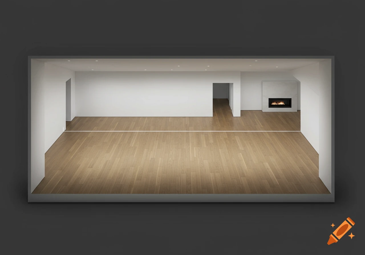 An empty modern room with wooden floors, white walls, a fireplace, and a white line across the middle, viewed from an elevated perspective.
