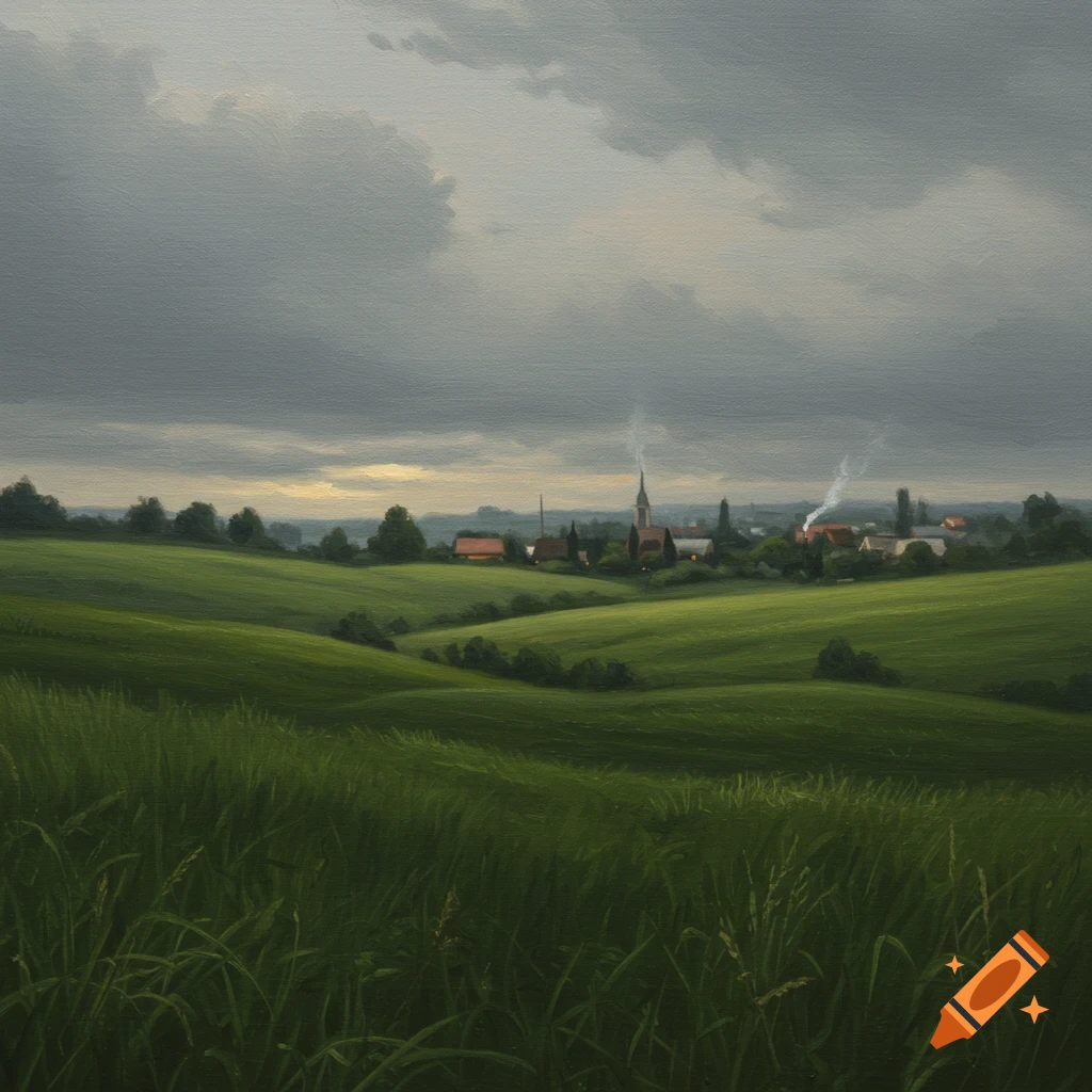 A serene painting of rolling green hills leading to a small village under a cloudy, gray sky with smoke rising from chimneys.