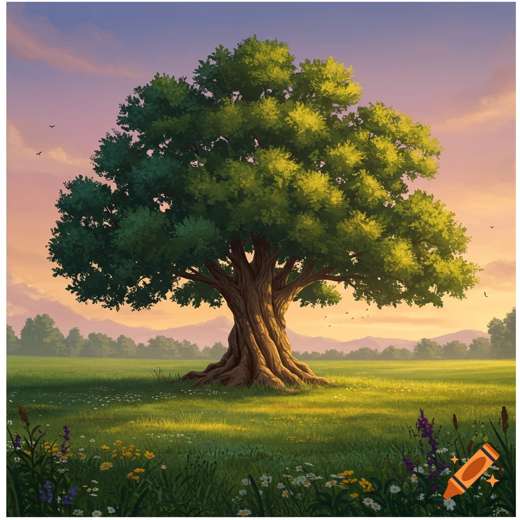 A large, lush green tree stands alone in a sunlit field with wildflowers under a colorful sunset sky.