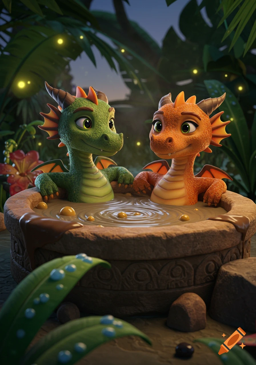 Two cute green and orange cartoon dragons relax in a stone mud hot tub in a lush jungle at night with fireflies, 3D animation.