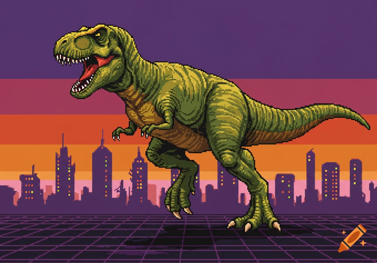 Pixel art Tyrannosaurus Rex roaring in a city with a retro synthwave grid and sunset horizon.