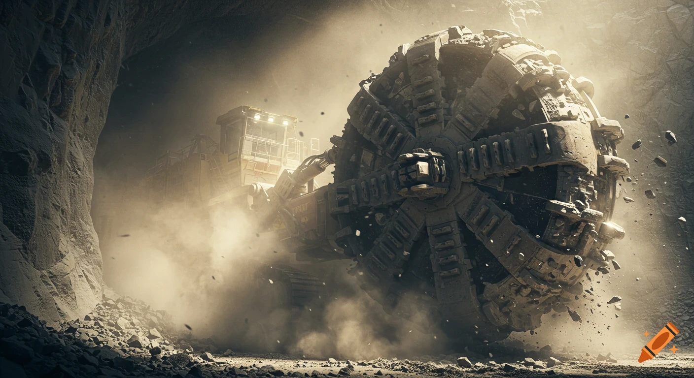 A massive, dusty tunnel boring machine with a rotating head emerges from a rocky cave in a photorealistic style.