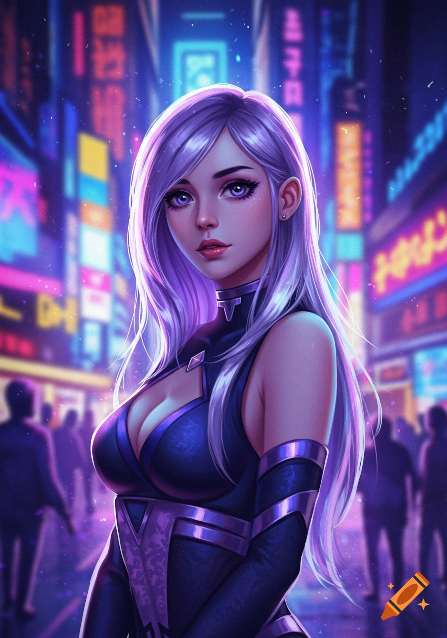 A stylized anime woman with long purple hair and dark clothing stands in a neon-lit cyberpunk city at night.