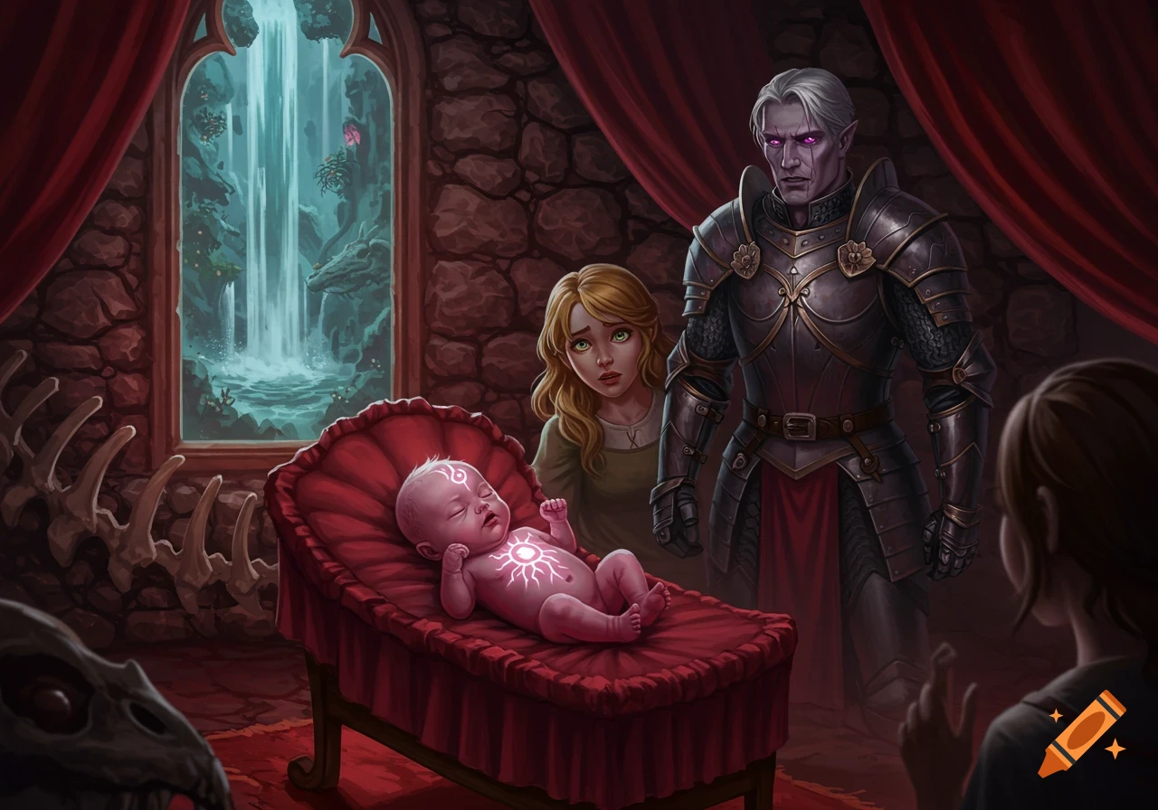 A baby with glowing symbols lies in a red cradle, observed by an armored man and a woman in a gothic room with inverted waterfalls outside.
