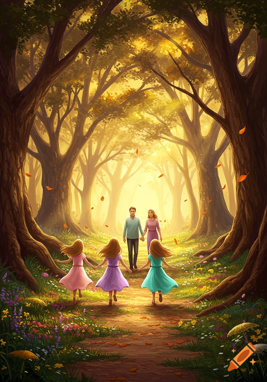 Illustrated family, with three young girls skipping ahead of their parents, on a path in a sunlit, enchanted forest.