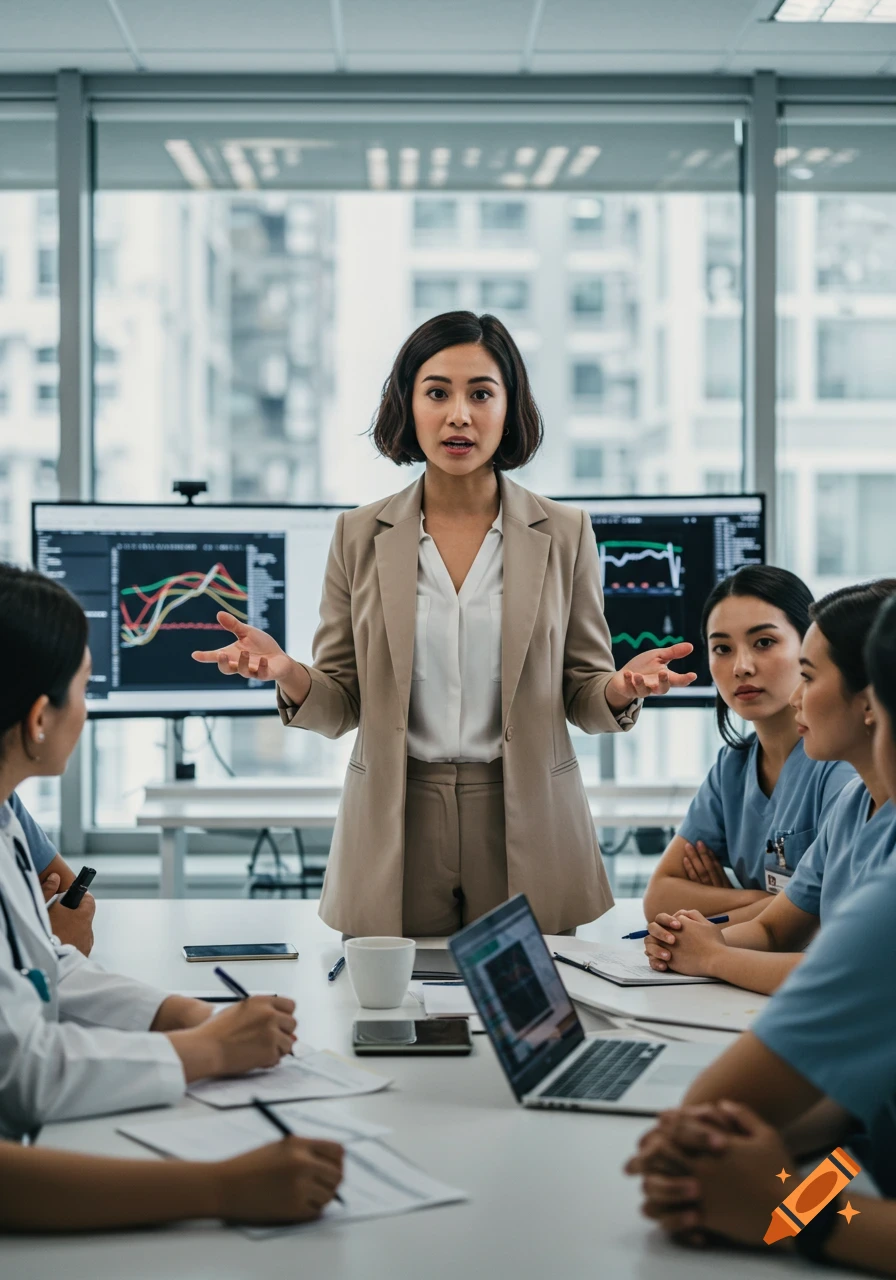 A woman in a beige suit gestures while presenting to medical professionals in an office meeting room with data screens.