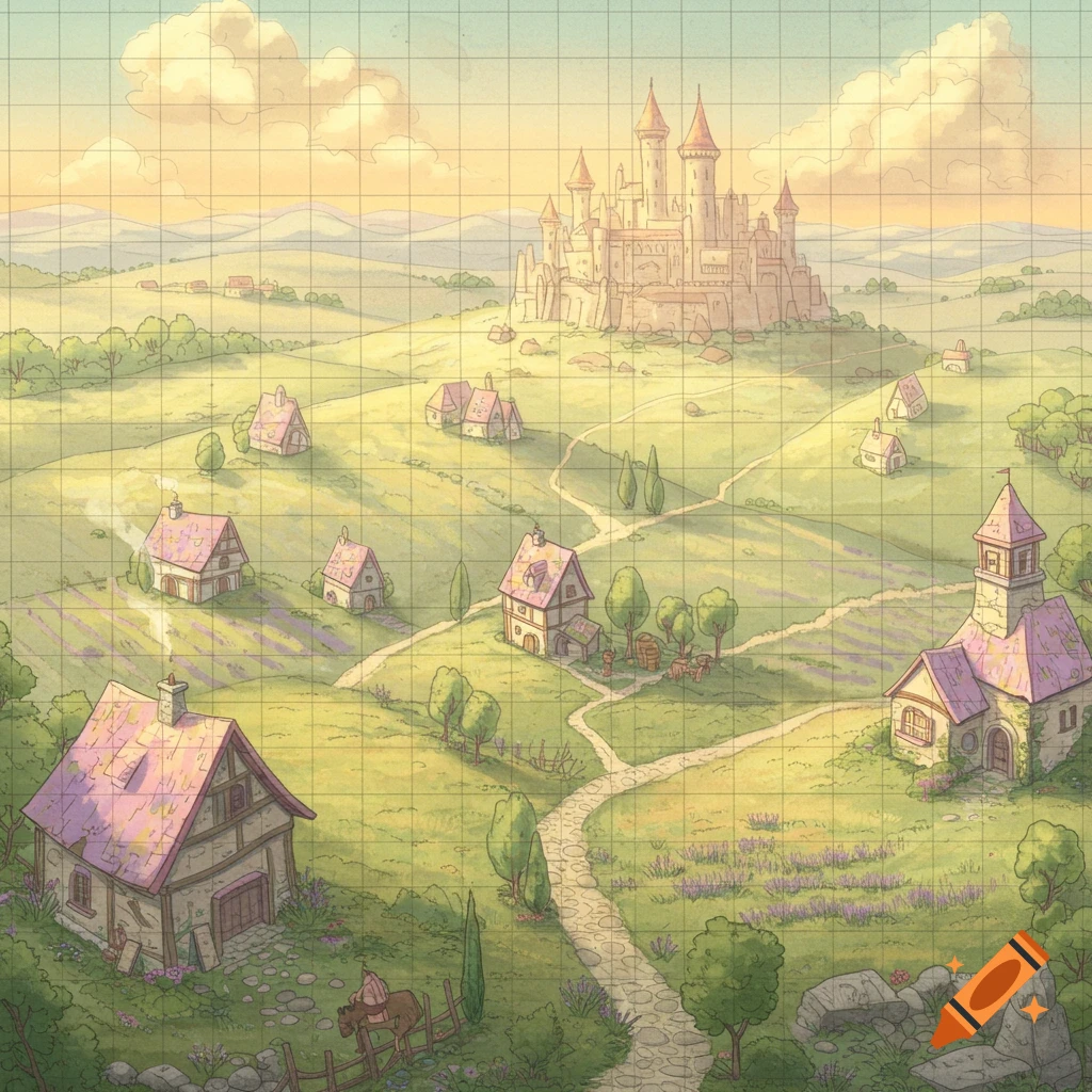 A pastel-colored medieval landscape with a large castle on a hill overlooking a village, fields, and a winding path, all overlaid with a grid.