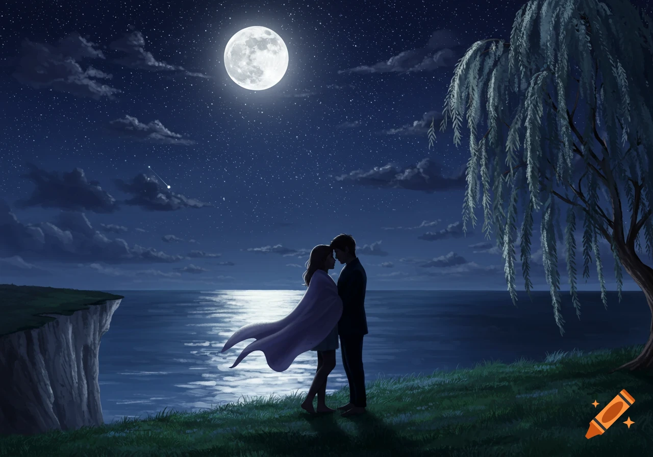 Illustrated romantic scene of a couple embracing on a cliff edge under a full moon and starry night sky, overlooking the ocean.