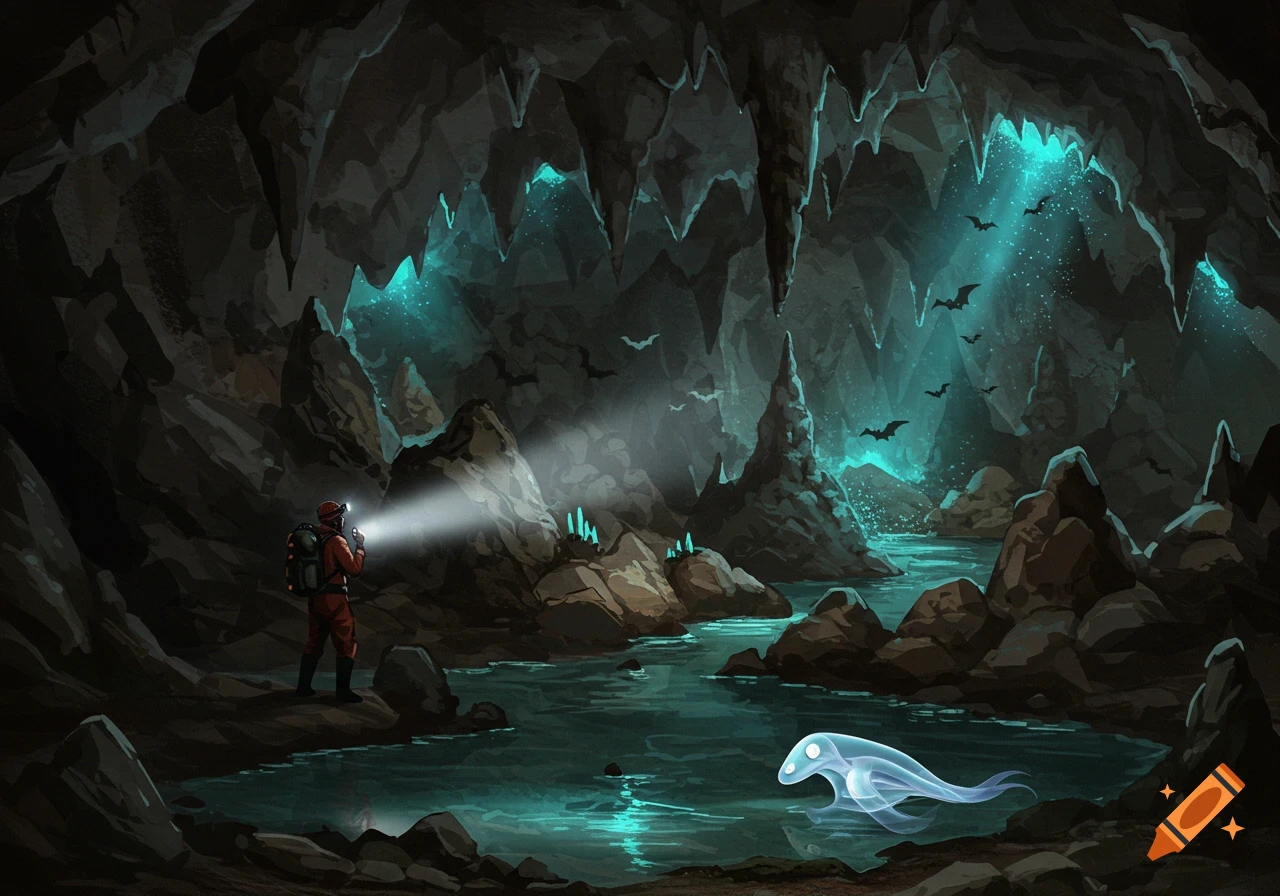 A speleologist explores a glowing turquoise cave with an underground river, bats, and a translucent olm creature in the water.