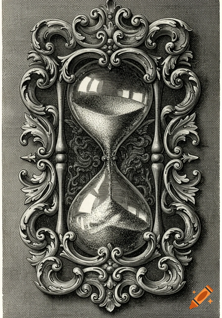 Detailed engraving of an hourglass within an ornate, baroque-style frame, with sand flowing.