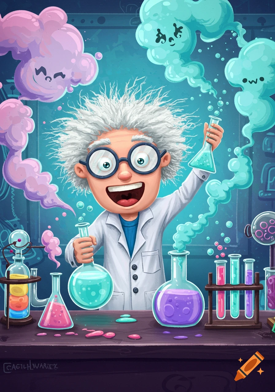 Joyful cartoon scientist in a lab coat holds colorful beakers with bubbling liquids and smiling smoke.