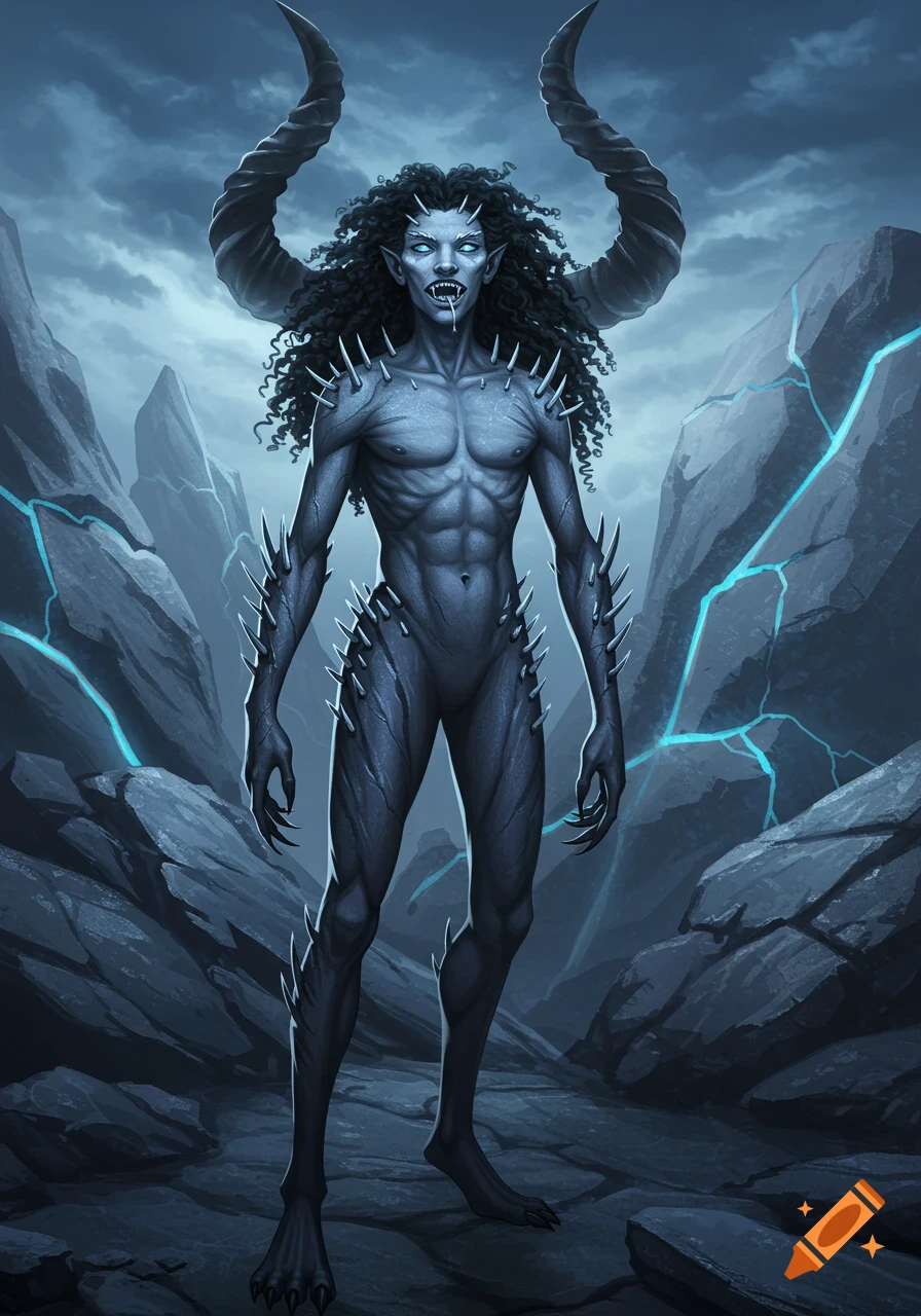 A gray-skinned, demonic creature with large kudu horns, curly black hair, glowing blue eyes, and sharp spines stands in a rocky, dark fantasy landscape with blue energy cracks.