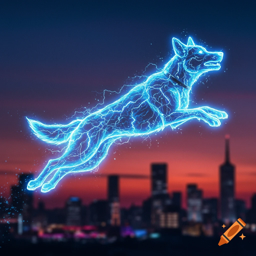 A glowing blue dog made of electricity jumps over a blurred city skyline at dusk.