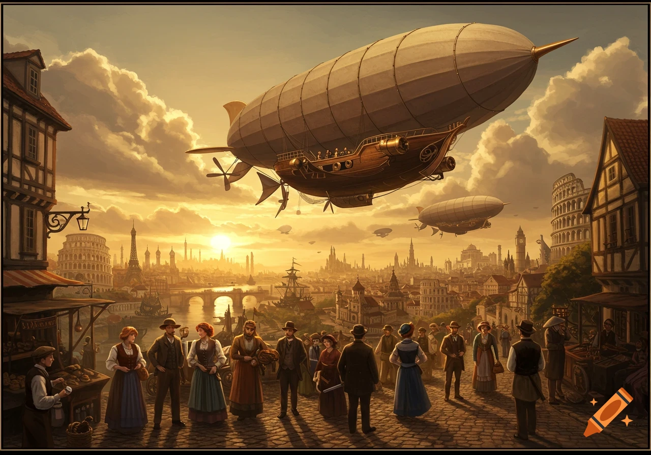 A vibrant steampunk city at sunset with airships flying over Victorian-era people and a bustling marketplace.