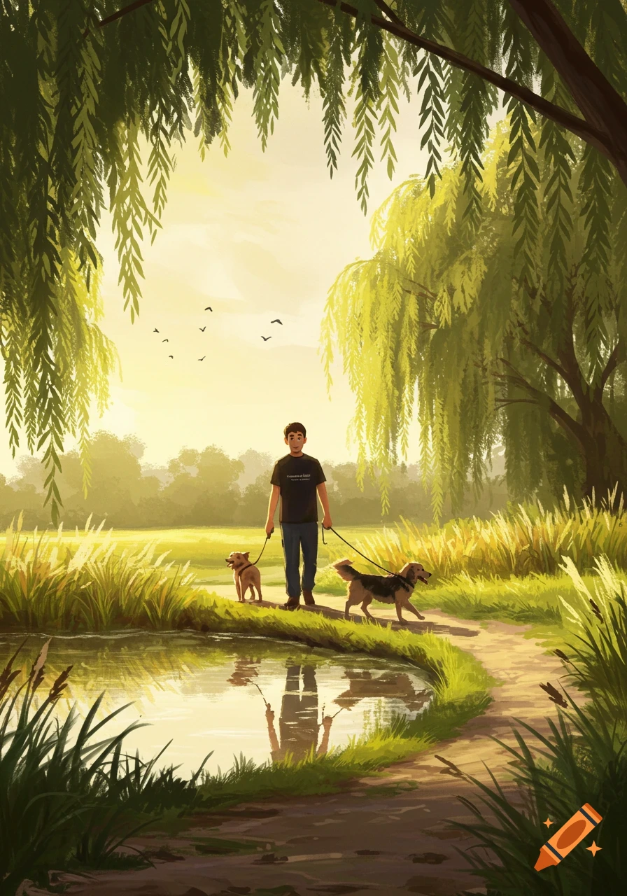 A man walks two dogs on leashes beside a pond with willow trees in a bright, painterly landscape.