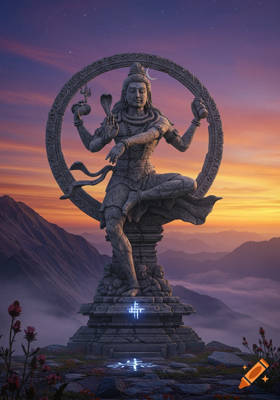 Majestic stone statue of Hindu god Shiva in a dynamic pose, set against a vibrant sunset sky over mountains.