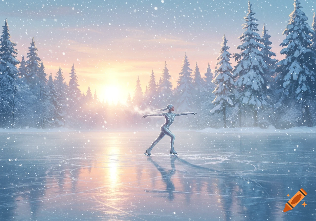 A person in a shimmering silver suit ice skates on a frozen lake amidst a snowy pine forest at sunset, with heavy snowfall.