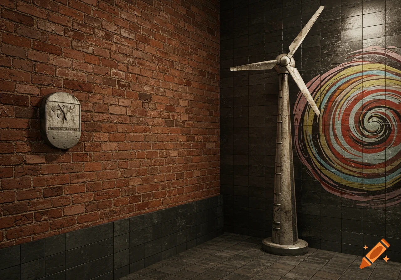 A corner with a red brick wall and dark tiled wall featuring a colorful spiral mural and a metal wind turbine.