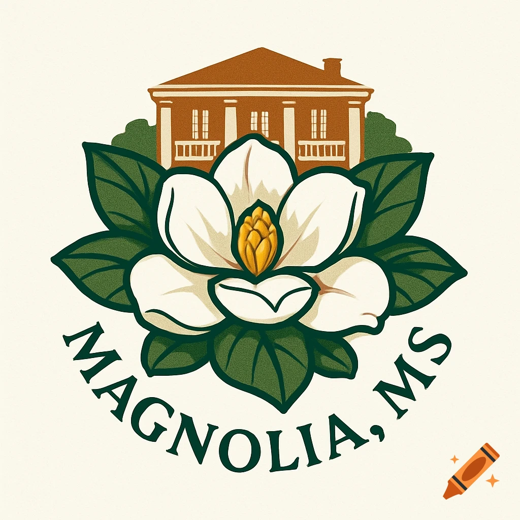 A stylized logo featuring a white magnolia flower with green leaves, a brown building, and 'MAGNOLIA, MS' text.