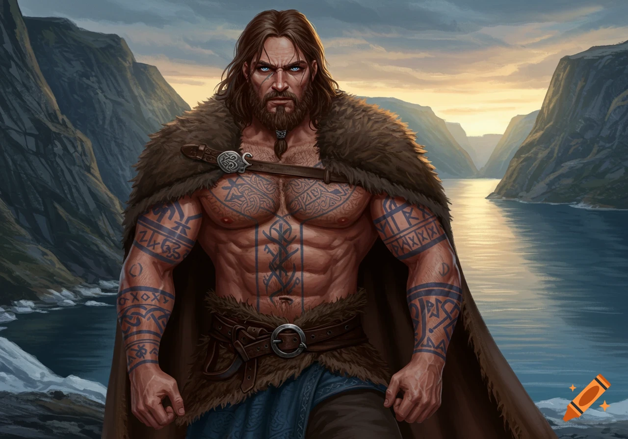 A muscular, bearded Norwegian man with long brown hair and blue eyes stands in a fjord landscape, wearing a fur cloak and covered in runic tattoos. He has a stern expression.