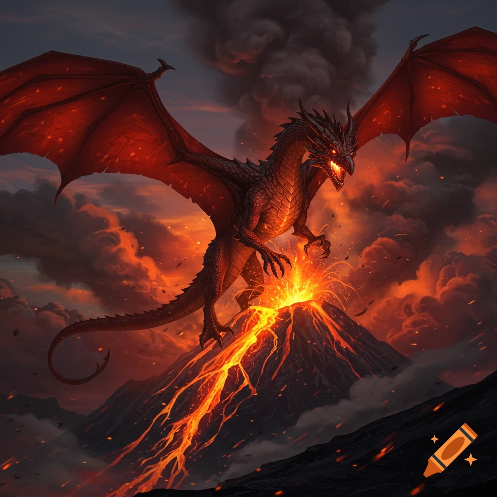A majestic red dragon with large wings emerging from an erupting volcano, spewing lava and smoke against a dramatic sky.