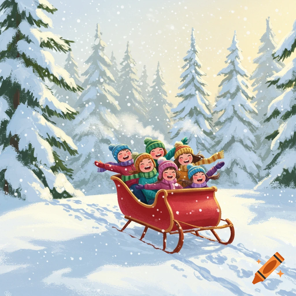 Happy children in colorful winter clothes ride a red sleigh down a snowy hill in a festive, illustrated winter forest.