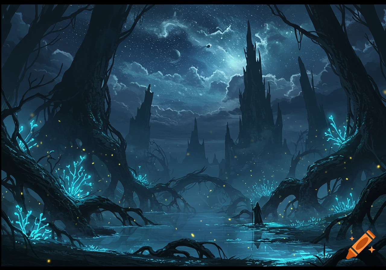 A cloaked figure in a dark fantasy swamp with glowing blue plants, gnarled trees, and spiky castles under a moonlit, starry sky. Digital painting.