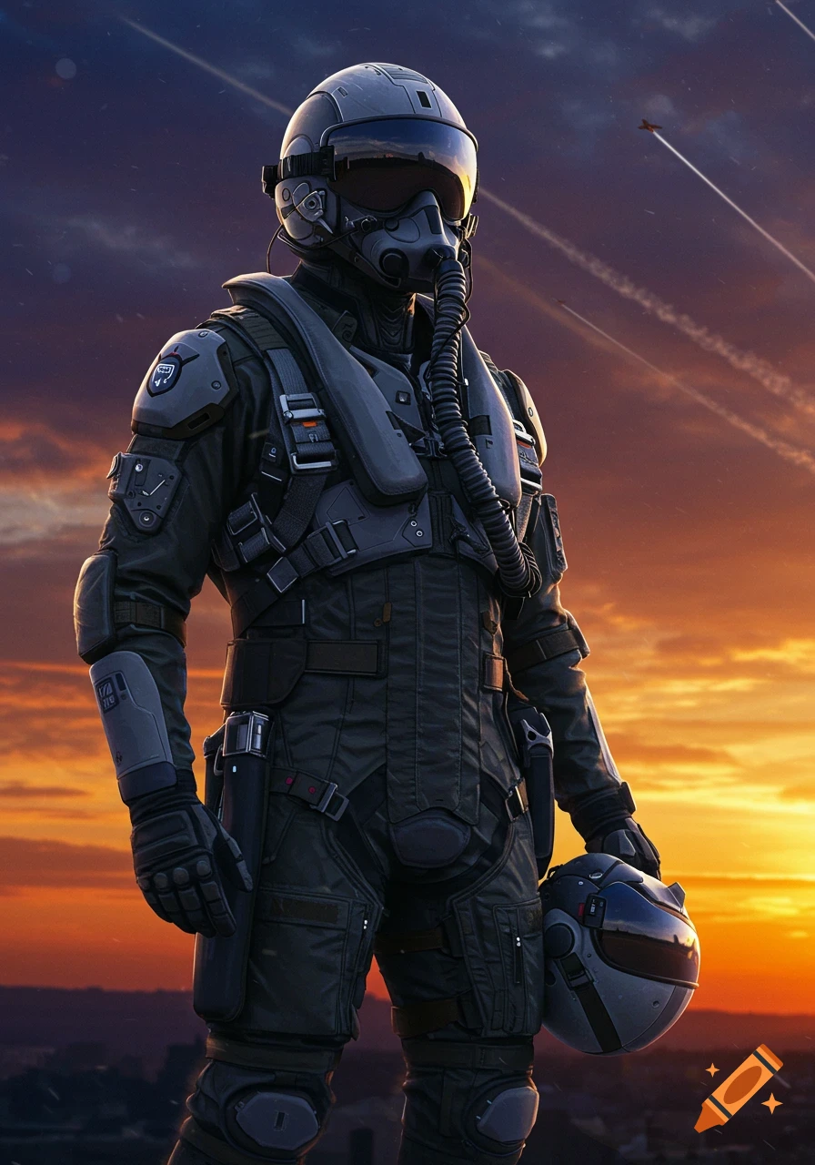 A fighter pilot in a sleek, dark suit and helmet stands against a dramatic sunset sky with fighter jets in the distance, holding their helmet.