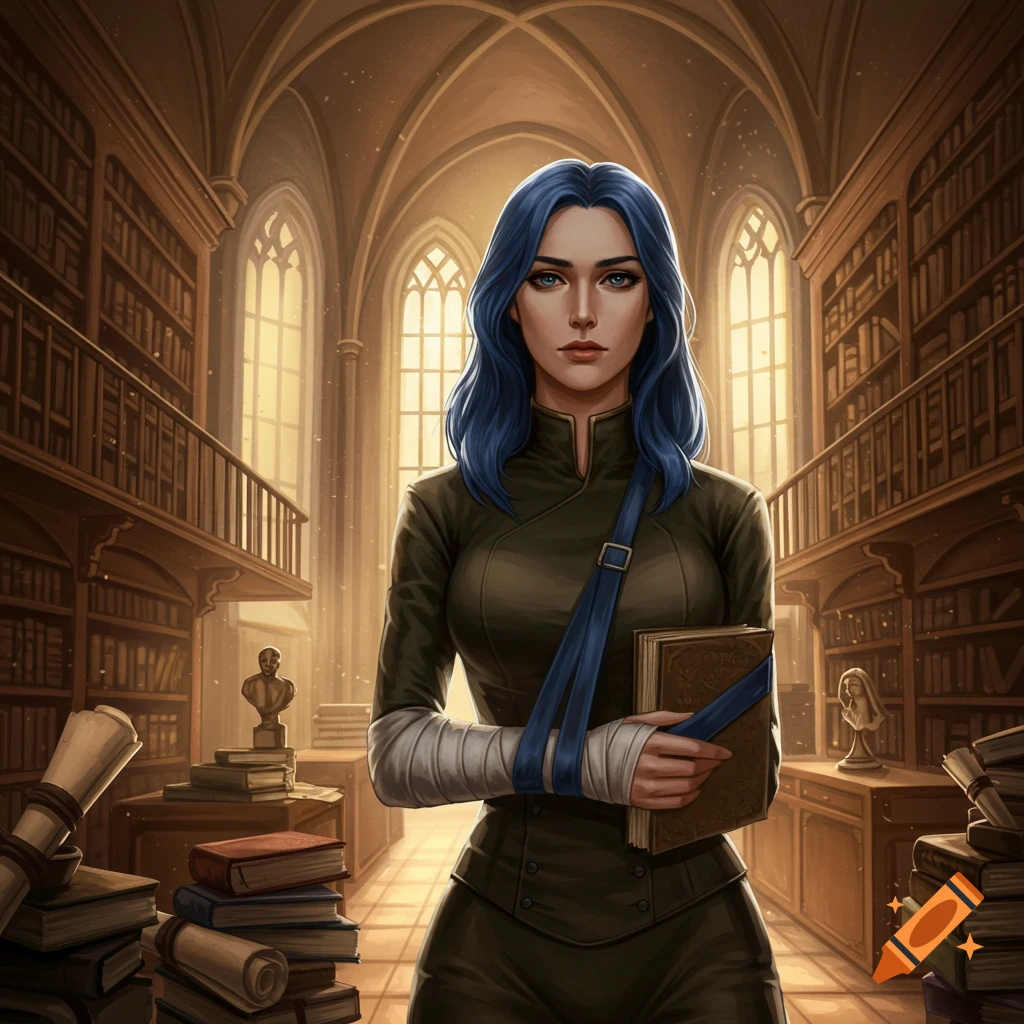 A stylized image of a blue-haired woman with a bandaged arm holding a book in a grand, arched library.