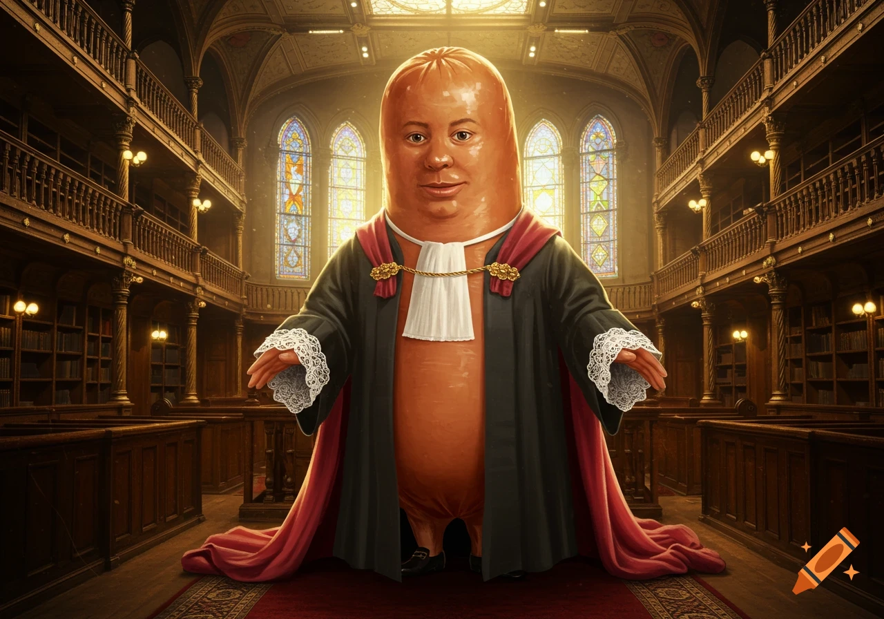 A photorealistic, surreal image of a hot dog with a human face, wearing a judge's robe, standing in a grand courtroom.